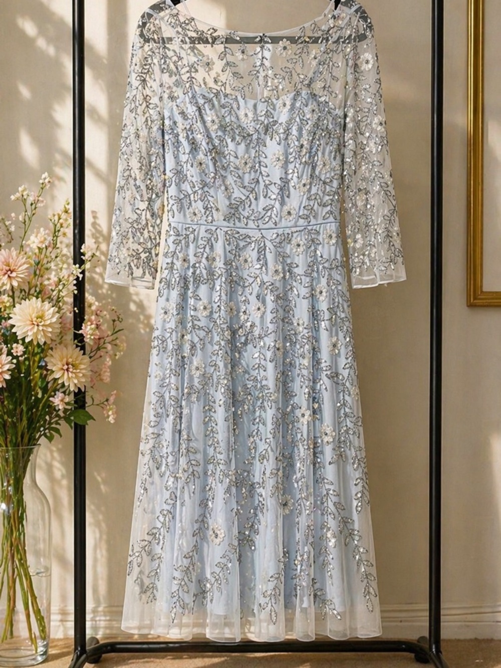 Aidan Mattox Silver Sequin Leaf Embroidered Midi Dress